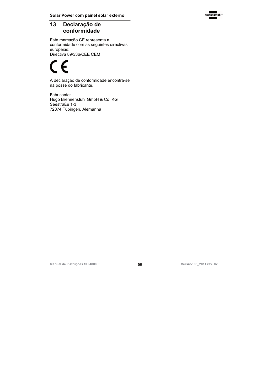 13 declaração de conformidade | Brennenstuhl Illuminated House Number Solar Power SH 4000 E with external solar panel User Manual | Page 56 / 92