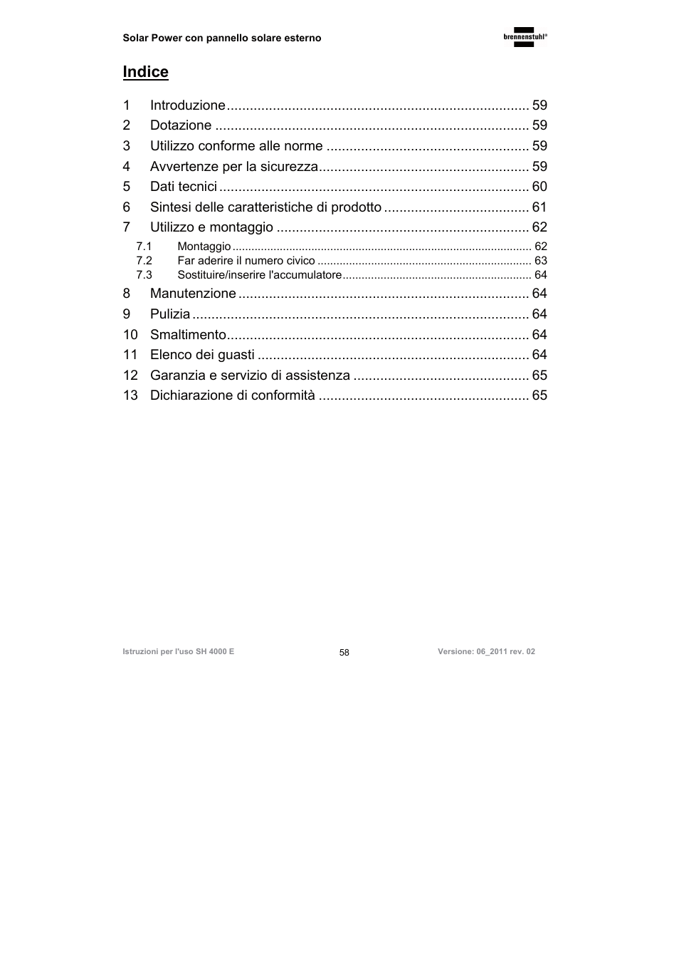 Indice | Brennenstuhl Illuminated House Number Solar Power SH 4000 E with external solar panel User Manual | Page 58 / 92