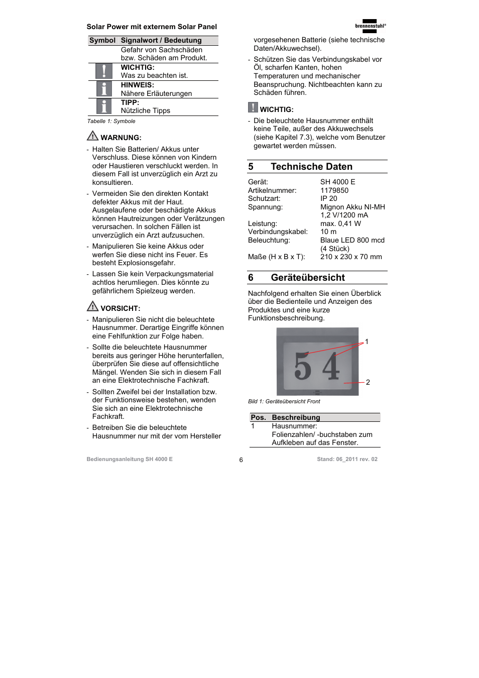 5technische daten, 6 geräteübersicht | Brennenstuhl Illuminated House Number Solar Power SH 4000 E with external solar panel User Manual | Page 6 / 92