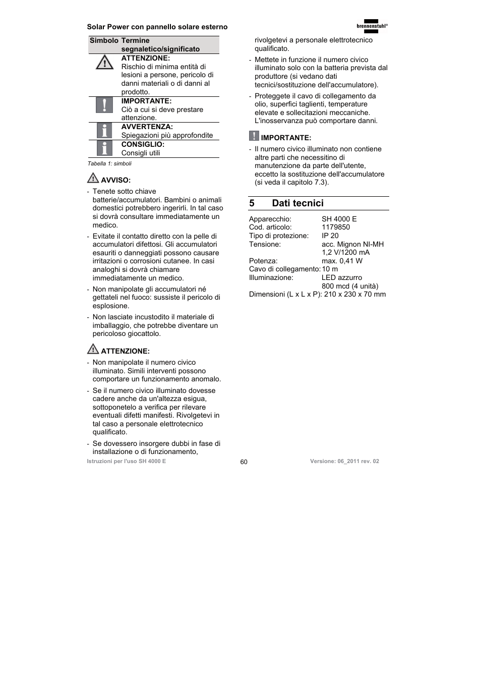 5dati tecnici | Brennenstuhl Illuminated House Number Solar Power SH 4000 E with external solar panel User Manual | Page 60 / 92