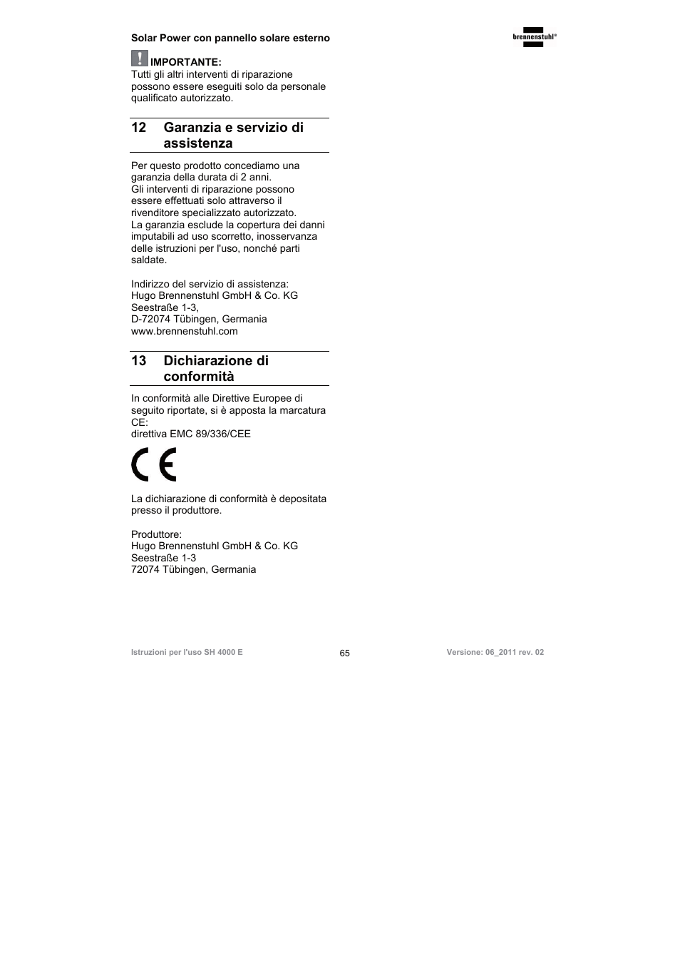 12 garanzia e servizio di assistenza, 13 dichiarazione di conformità | Brennenstuhl Illuminated House Number Solar Power SH 4000 E with external solar panel User Manual | Page 65 / 92
