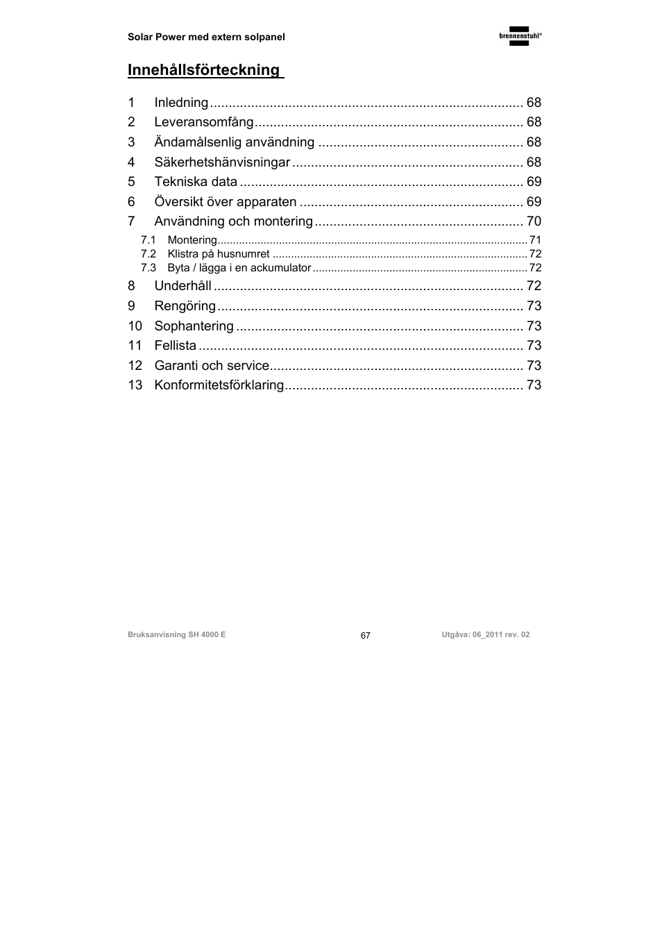 Innehållsförteckning | Brennenstuhl Illuminated House Number Solar Power SH 4000 E with external solar panel User Manual | Page 67 / 92