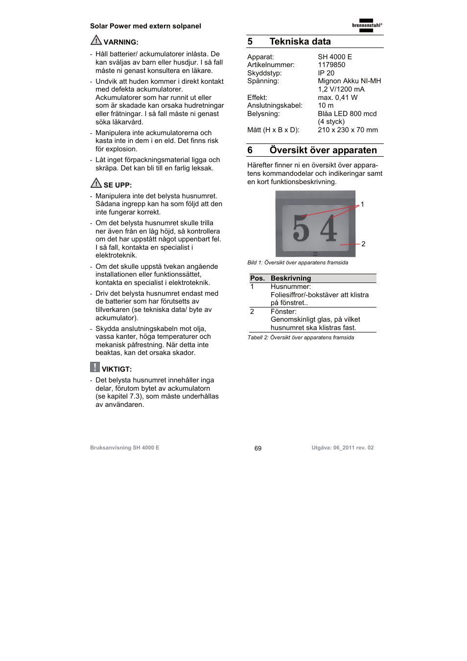 5tekniska data, 6översikt över apparaten | Brennenstuhl Illuminated House Number Solar Power SH 4000 E with external solar panel User Manual | Page 69 / 92