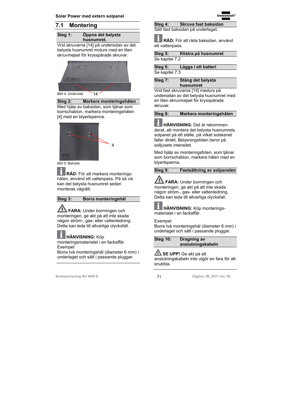 1 montering | Brennenstuhl Illuminated House Number Solar Power SH 4000 E with external solar panel User Manual | Page 71 / 92