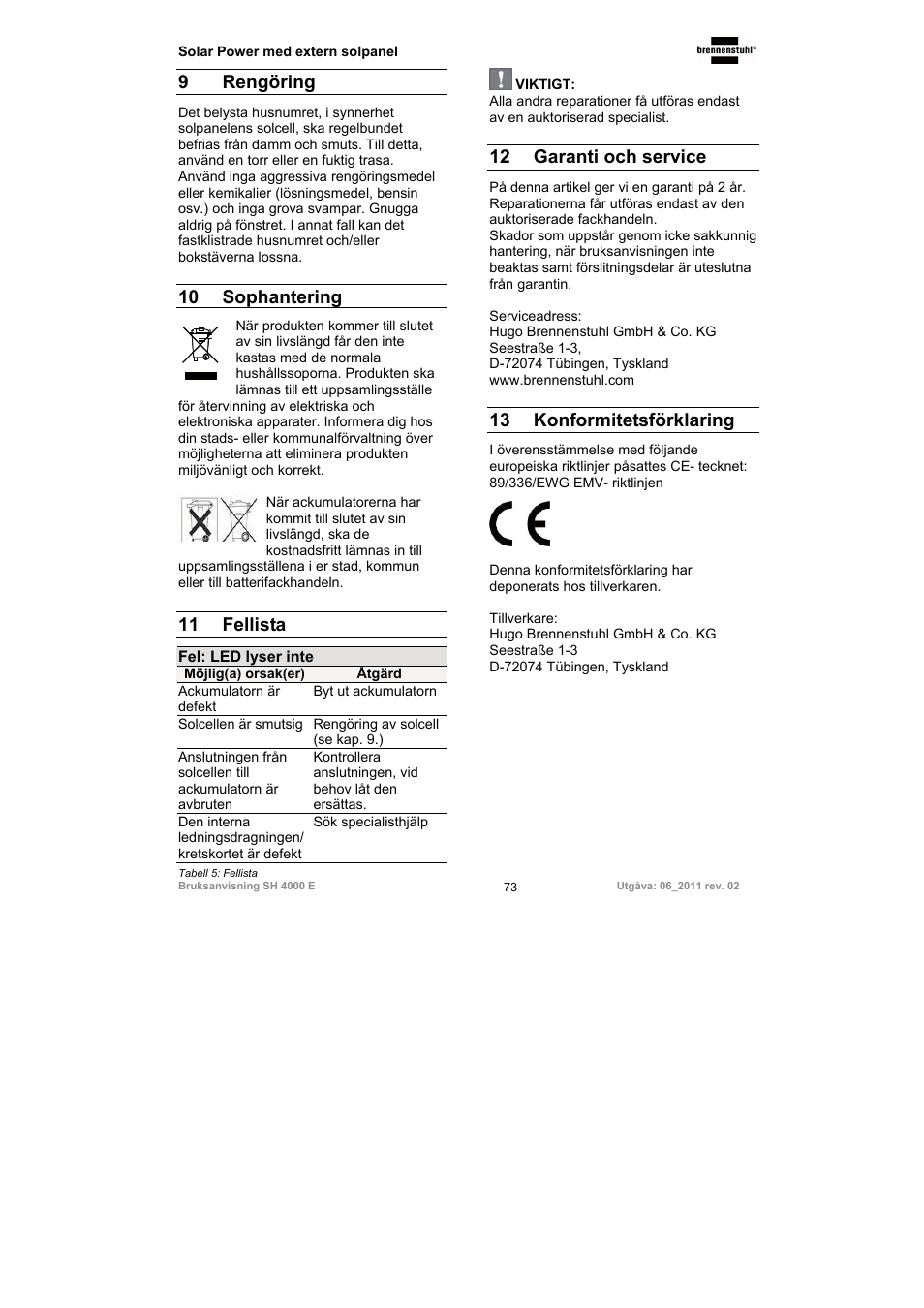 9 rengöring, 10 sophantering, 11 fellista | 12 garanti och service, 13 konformitetsförklaring | Brennenstuhl Illuminated House Number Solar Power SH 4000 E with external solar panel User Manual | Page 73 / 92