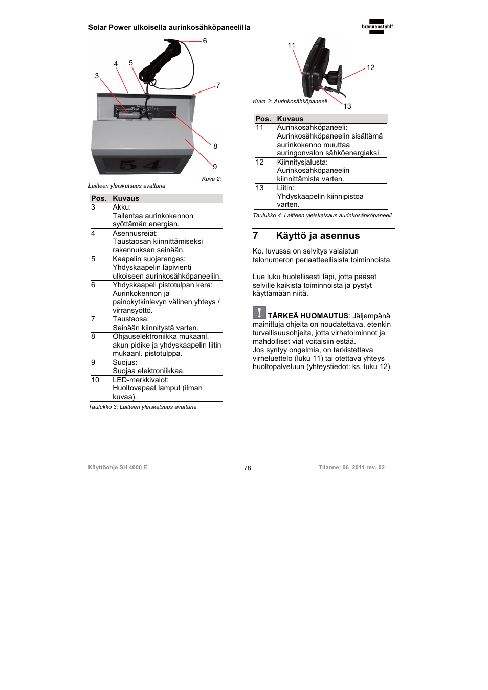 7käyttö ja asennus | Brennenstuhl Illuminated House Number Solar Power SH 4000 E with external solar panel User Manual | Page 78 / 92