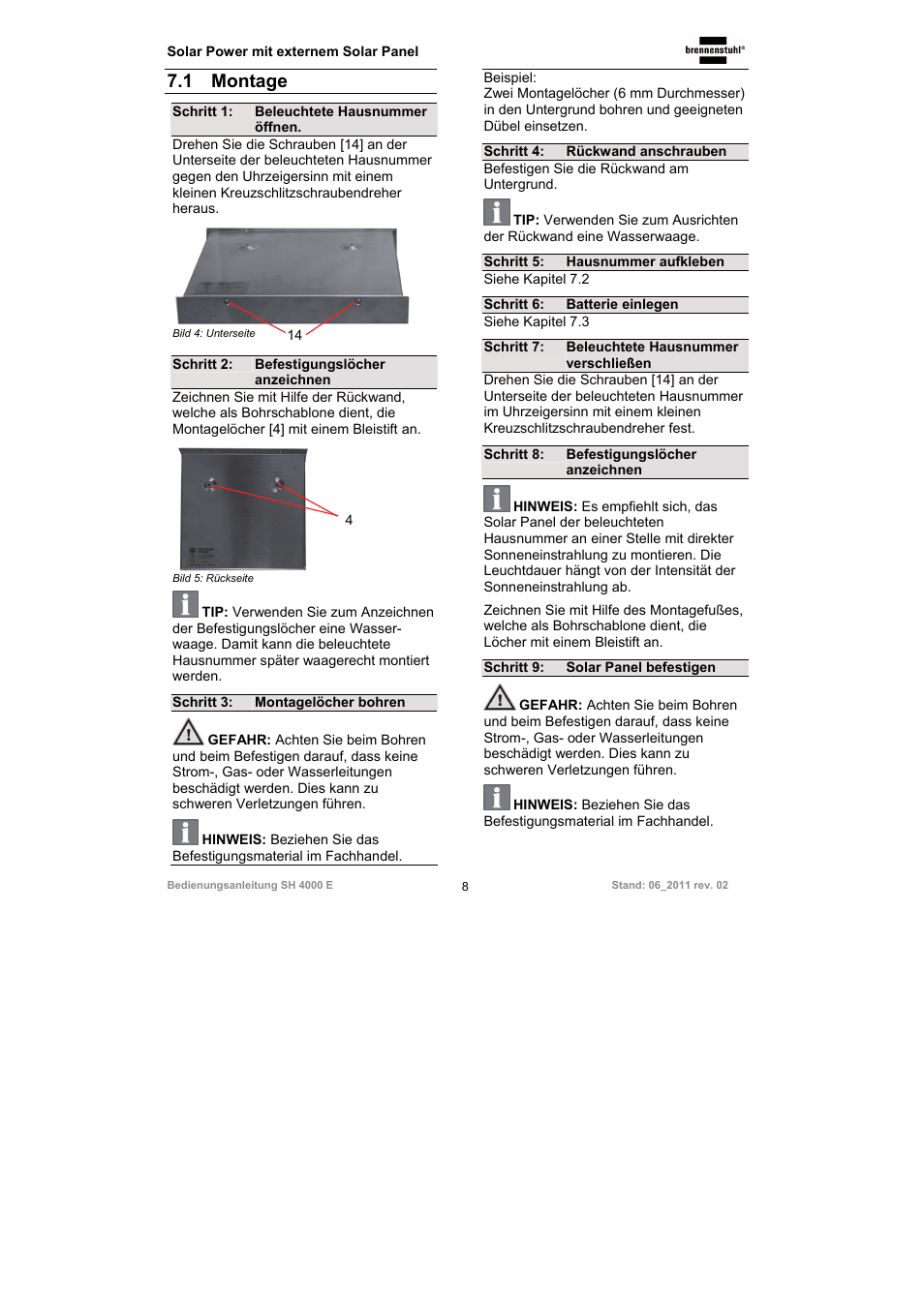 1 montage | Brennenstuhl Illuminated House Number Solar Power SH 4000 E with external solar panel User Manual | Page 8 / 92