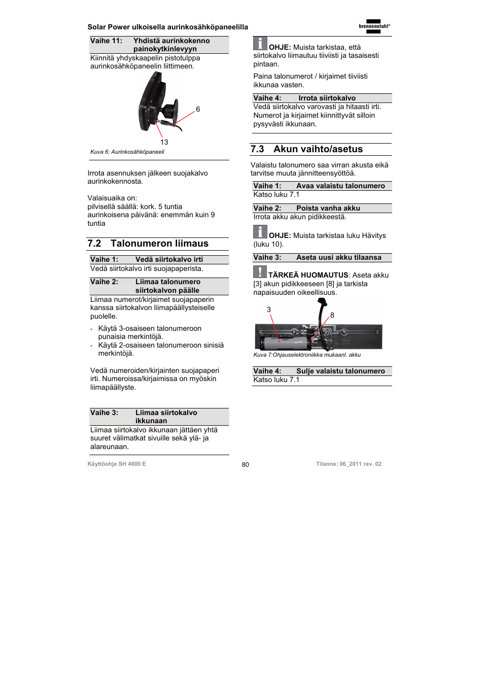 2 talonumeron liimaus, 3 akun vaihto/asetus | Brennenstuhl Illuminated House Number Solar Power SH 4000 E with external solar panel User Manual | Page 80 / 92