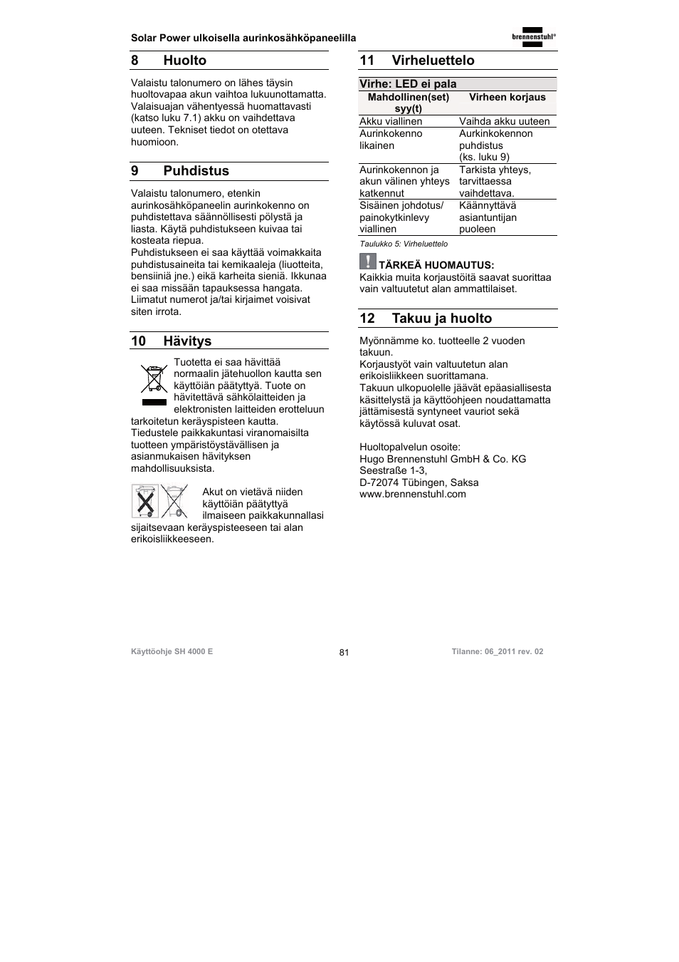 8 huolto, 9 puhdistus, 10 hävitys | 11 virheluettelo, 12 takuu ja huolto | Brennenstuhl Illuminated House Number Solar Power SH 4000 E with external solar panel User Manual | Page 81 / 92