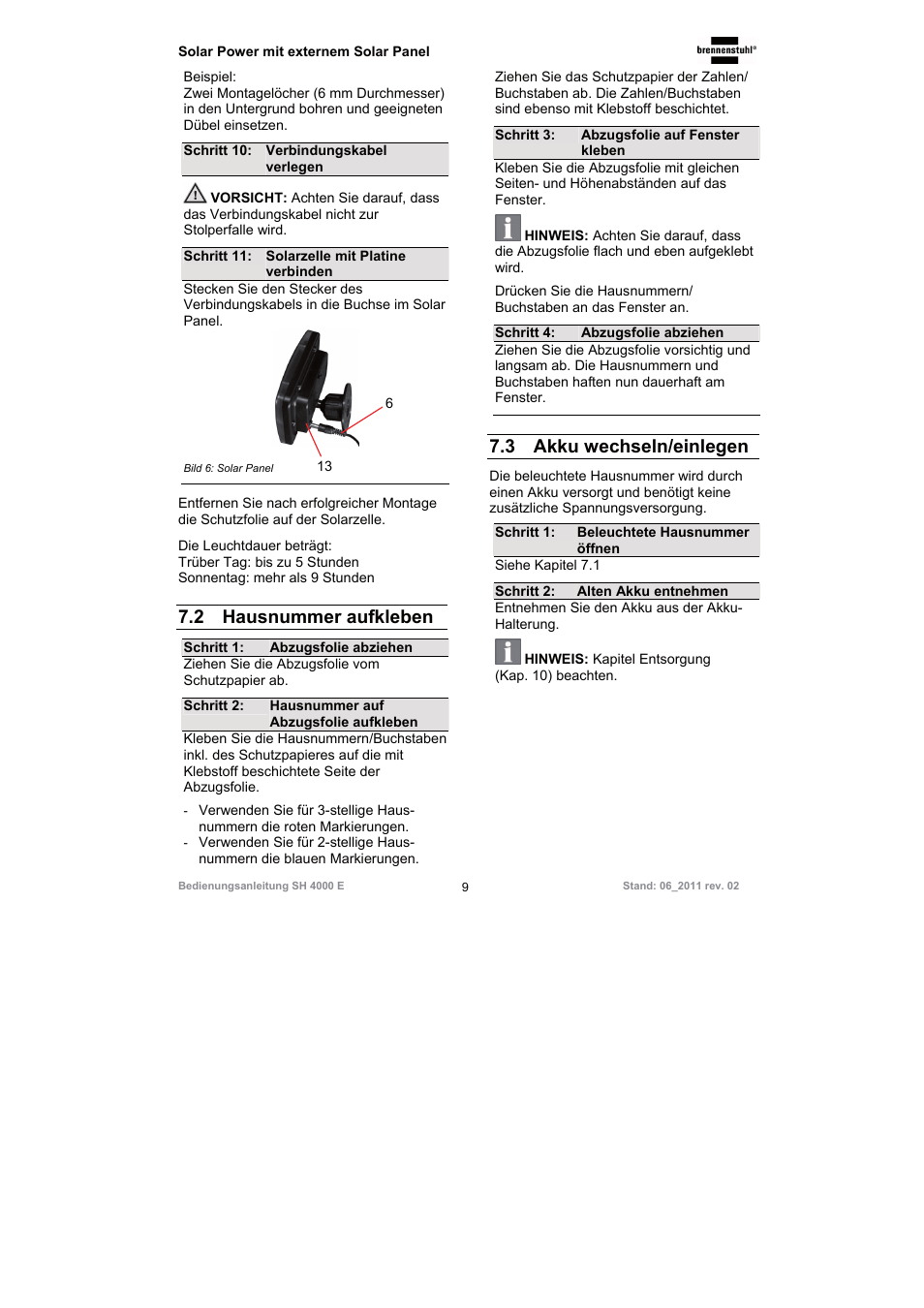 2 hausnummer aufkleben, 3 akku wechseln/einlegen | Brennenstuhl Illuminated House Number Solar Power SH 4000 E with external solar panel User Manual | Page 9 / 92
