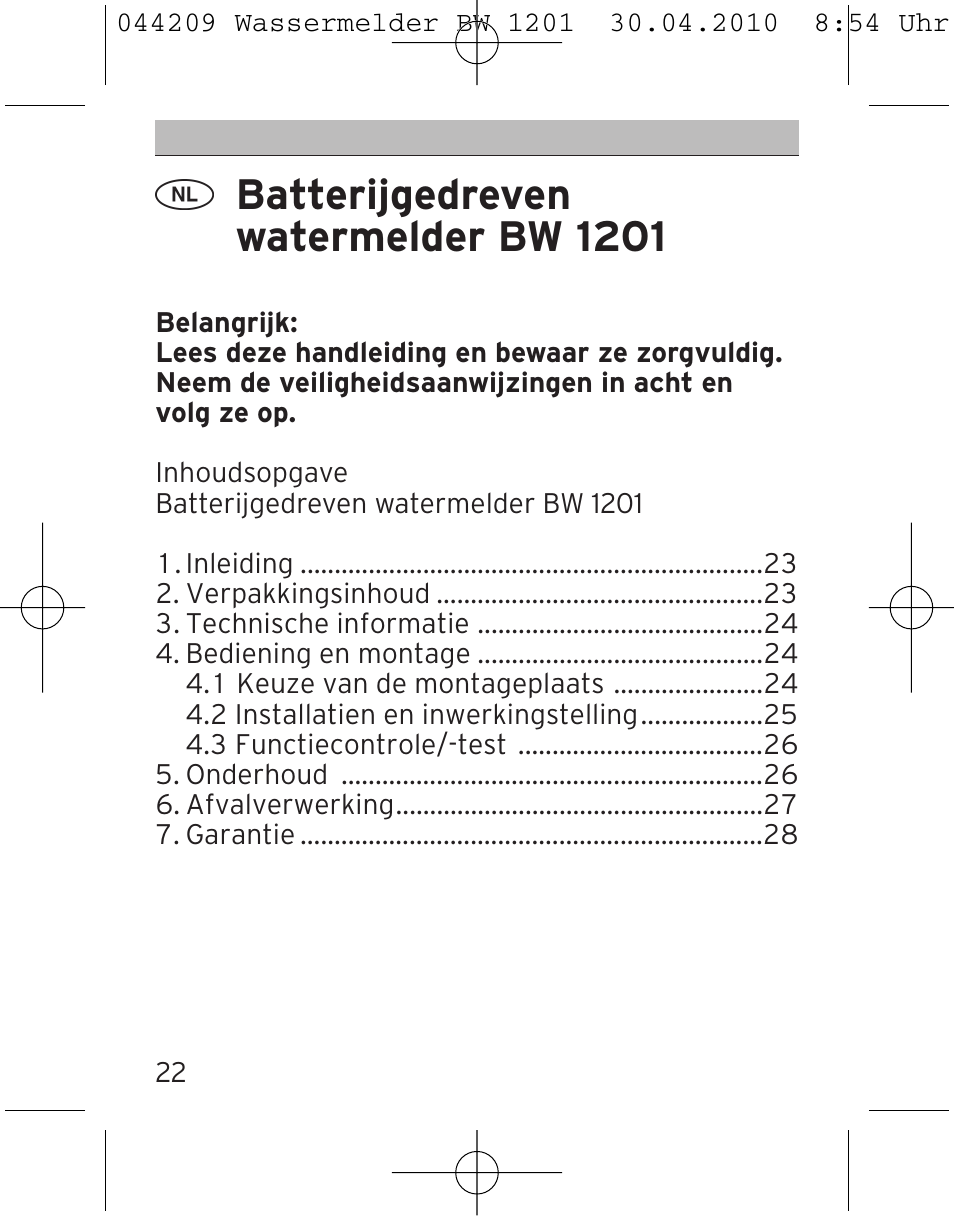 Batterijgedreven watermelder bw 1201 | Brennenstuhl Water Detector BW 1201 User Manual | Page 22 / 56