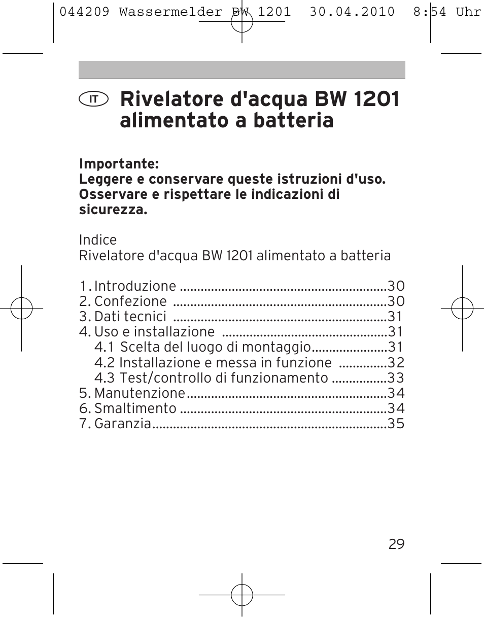 Rivelatore d'acqua bw 1201 alimentato a batteria | Brennenstuhl Water Detector BW 1201 User Manual | Page 29 / 56