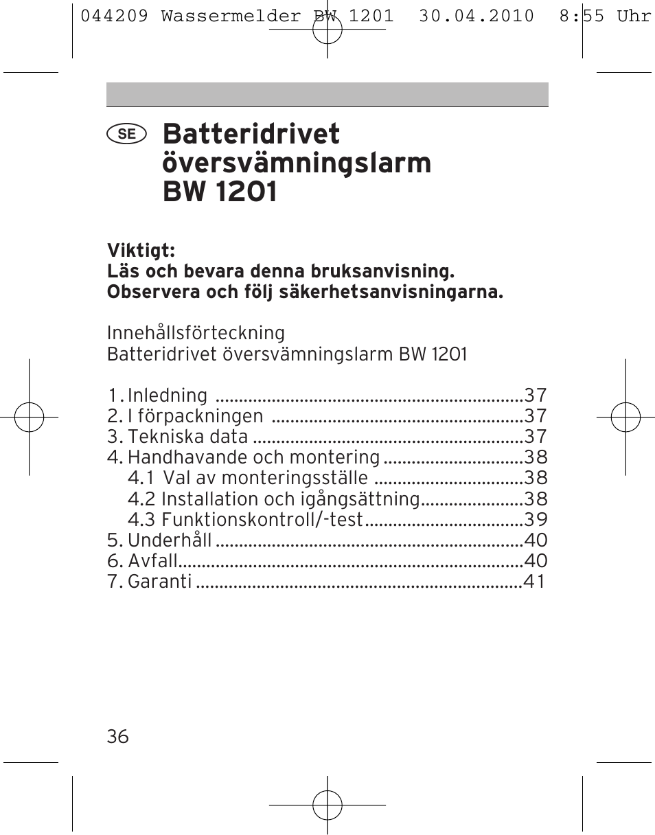 Batteridrivet översvämningslarm bw 1201 | Brennenstuhl Water Detector BW 1201 User Manual | Page 36 / 56