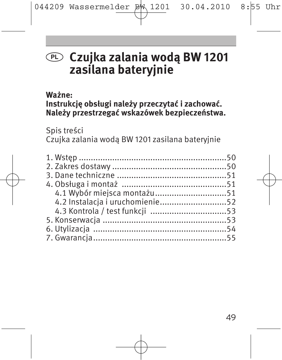 Czujka zalania wodą bw 1201 zasilana bateryjnie | Brennenstuhl Water Detector BW 1201 User Manual | Page 49 / 56