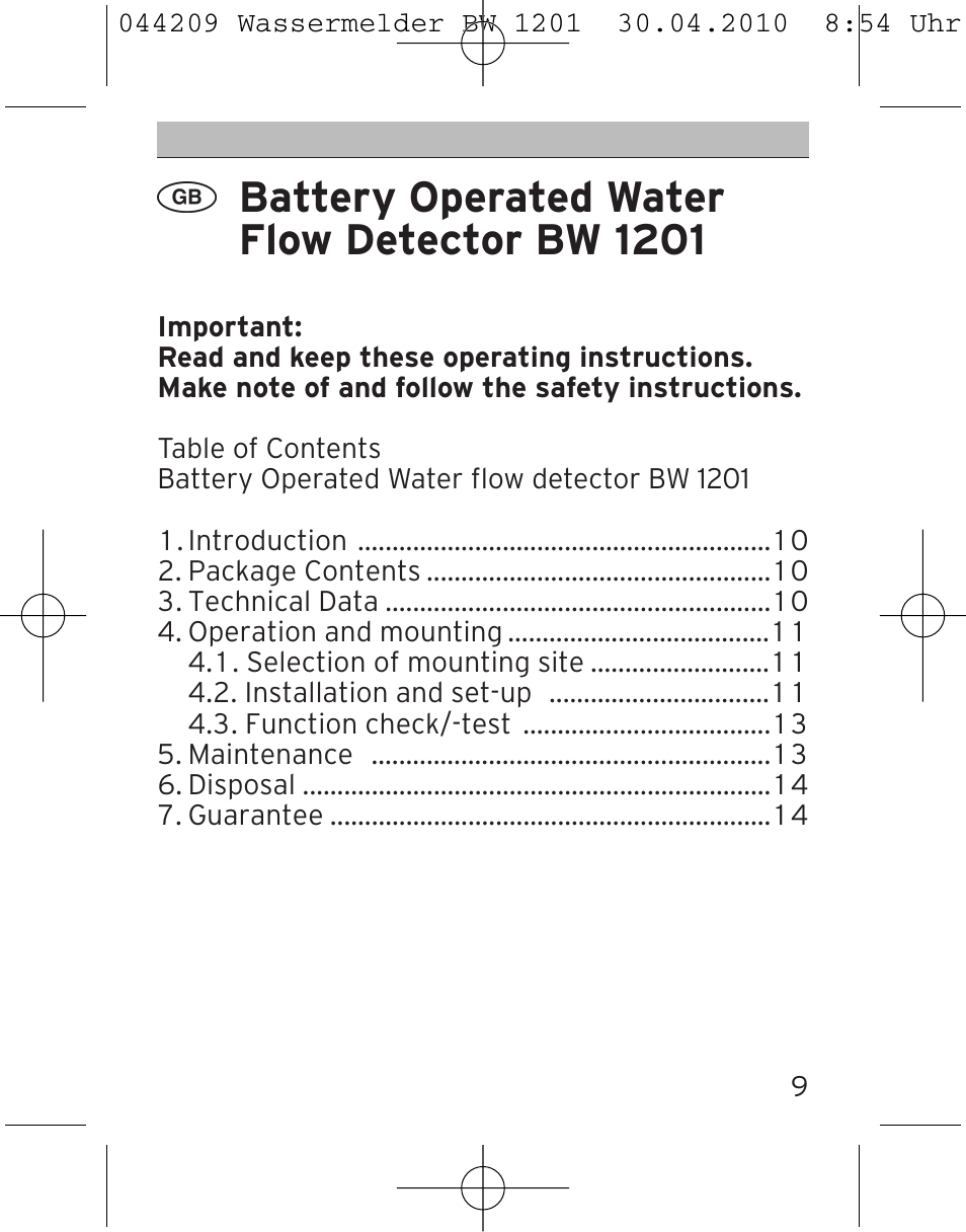 Battery operated water flow detector bw 1201 | Brennenstuhl Water Detector BW 1201 User Manual | Page 9 / 56