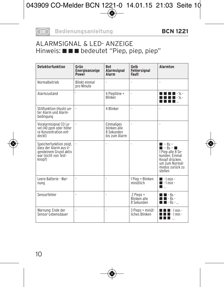 Alarmsignal & led- anzeige hinweis, Bedienungsanleitung bcn 1221 | Brennenstuhl CO Detector BCN 1221 User Manual | Page 10 / 136