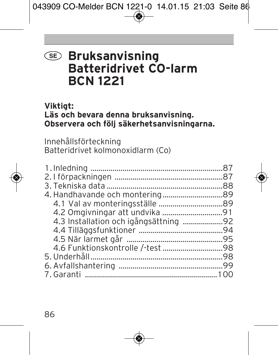 Bruksanvisning batteridrivet co-larm bcn 1221 | Brennenstuhl CO Detector BCN 1221 User Manual | Page 86 / 136