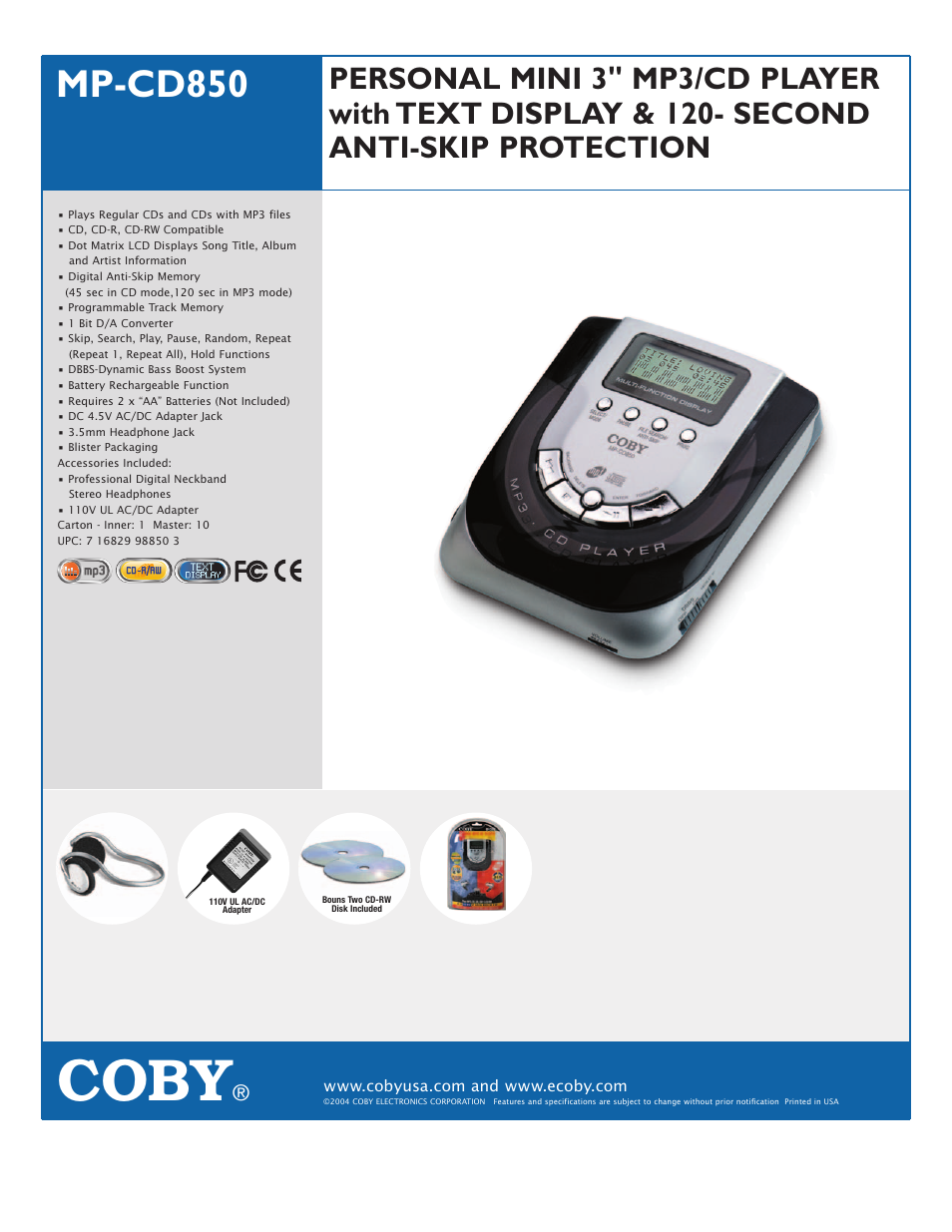 COBY MP-C850 User Manual | 1 page
