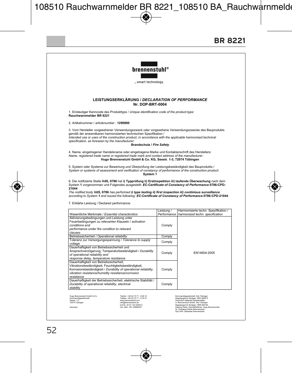 Br 8221 | Brennenstuhl Smoke Alarm BR 8221 extra longlife User Manual | Page 52 / 56