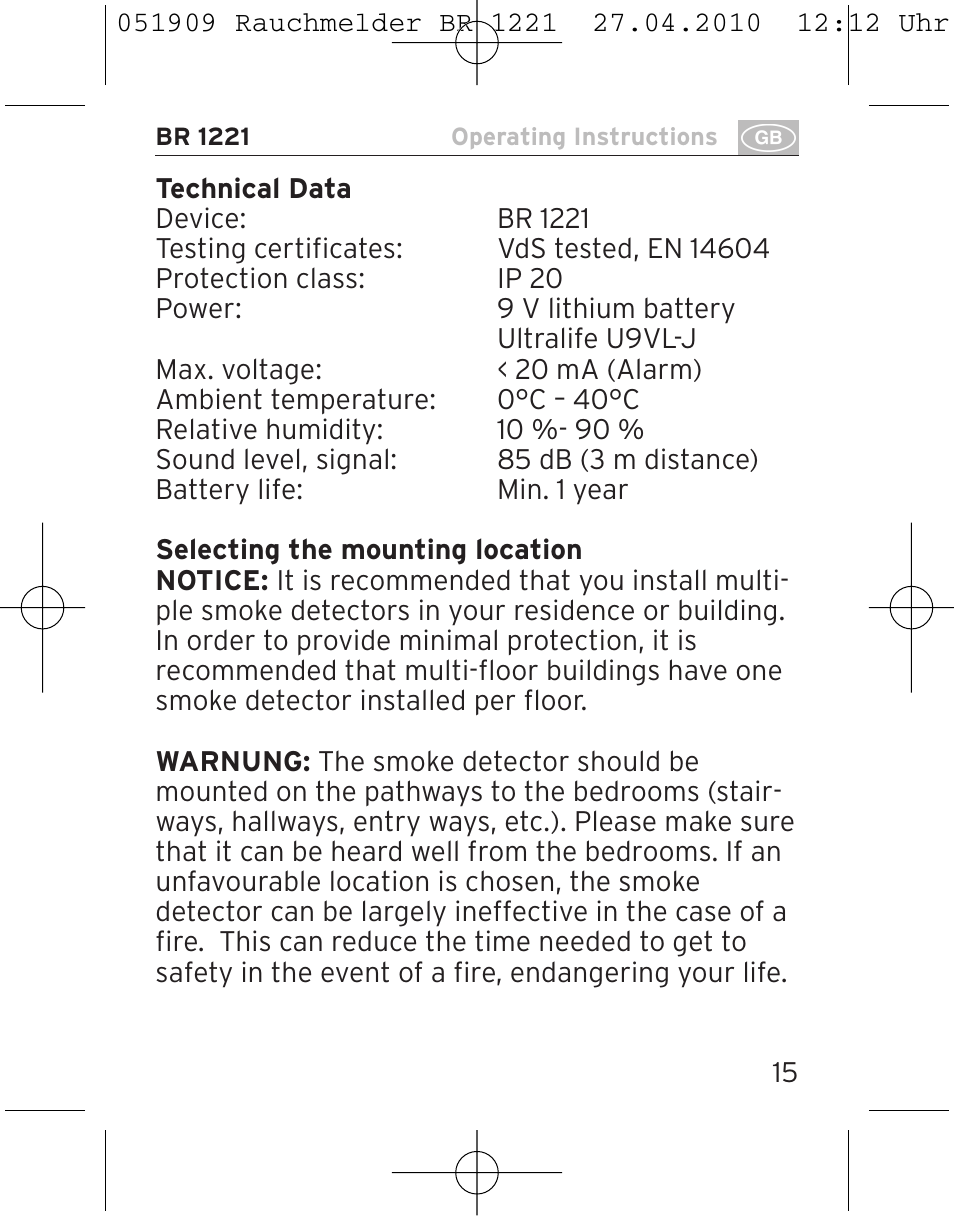 Brennenstuhl Smoke Alarm BR 1221 longlife User Manual | Page 15 / 100