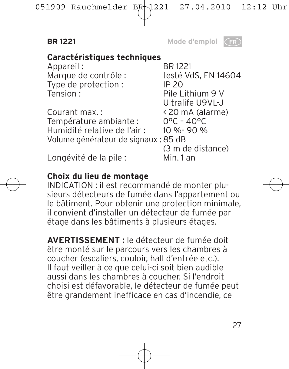Brennenstuhl Smoke Alarm BR 1221 longlife User Manual | Page 27 / 100