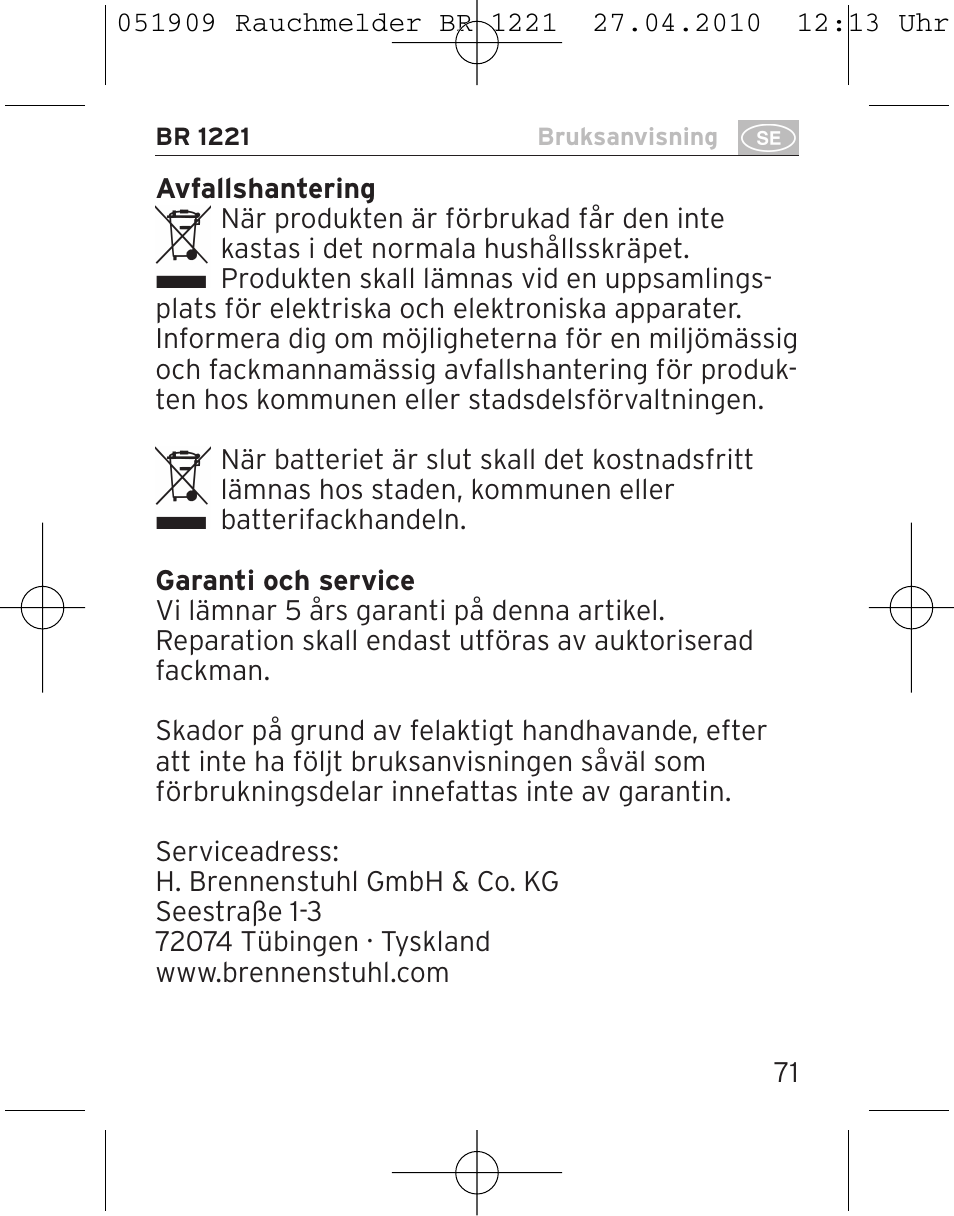 Brennenstuhl Smoke Alarm BR 1221 longlife User Manual | Page 71 / 100