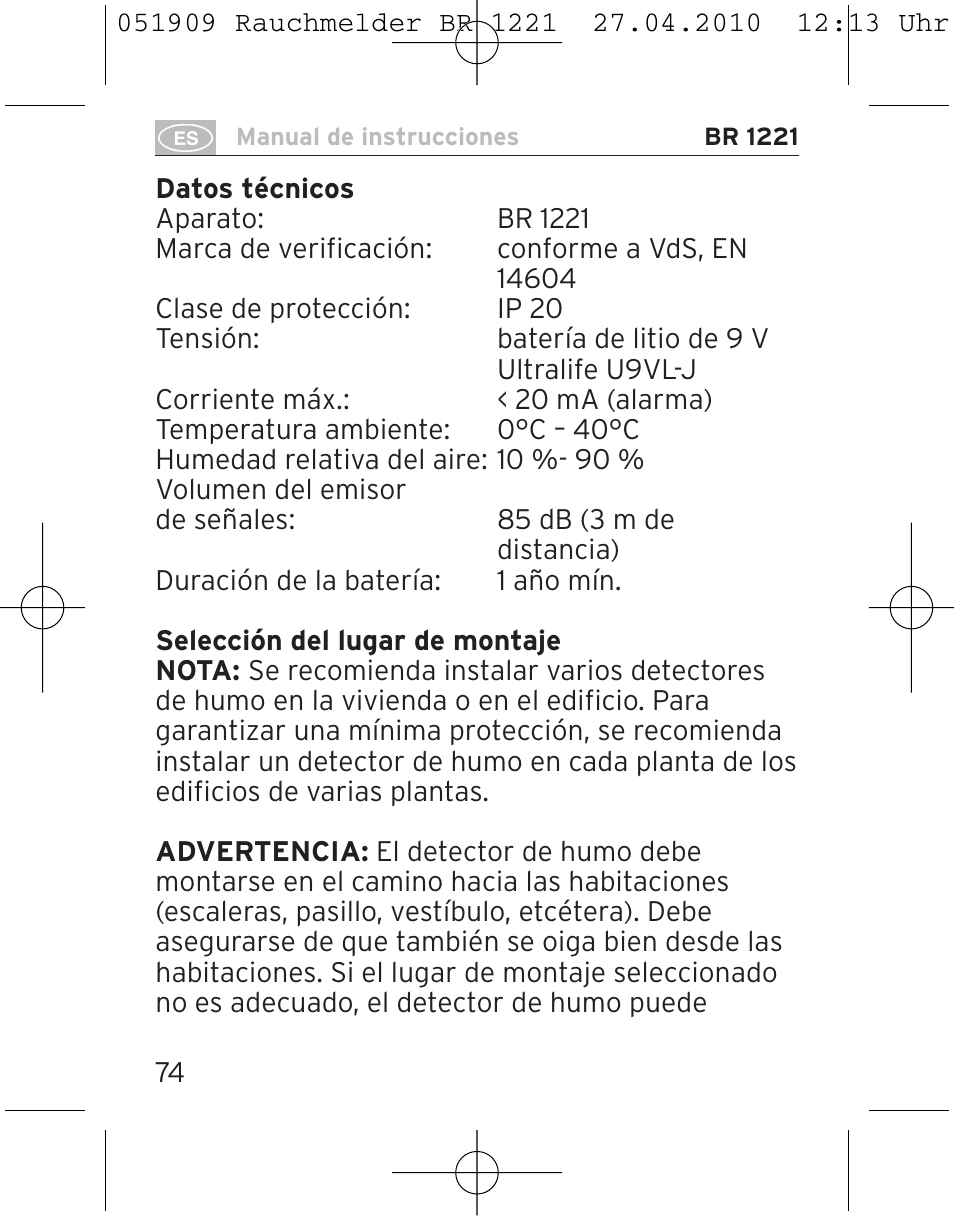 Brennenstuhl Smoke Alarm BR 1221 longlife User Manual | Page 74 / 100