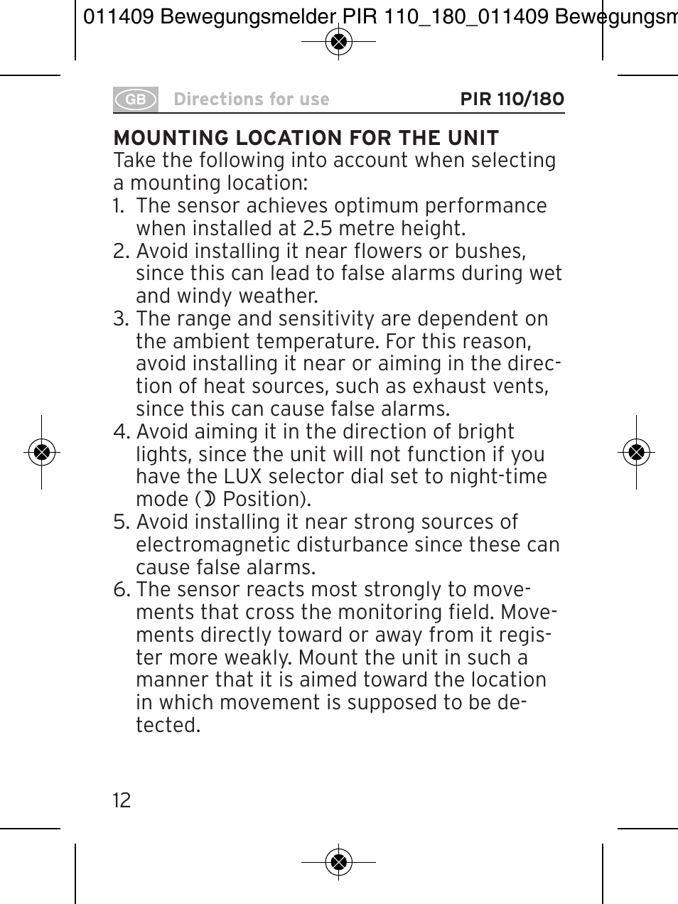 Brennenstuhl PIR Motion Detector PIR 110 IP44 White User Manual | Page 12 / 100
