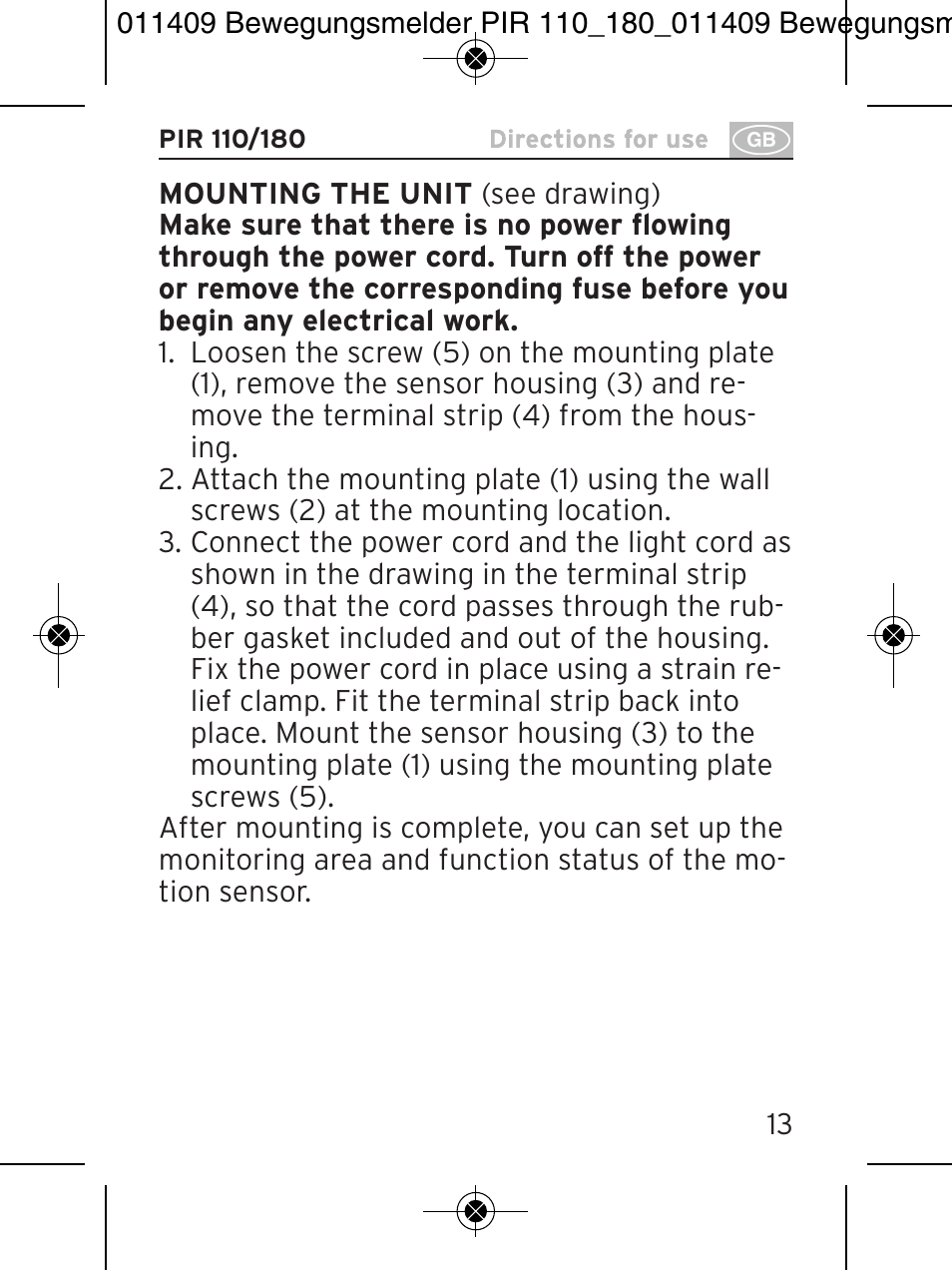 Brennenstuhl PIR Motion Detector PIR 110 IP44 White User Manual | Page 13 / 100