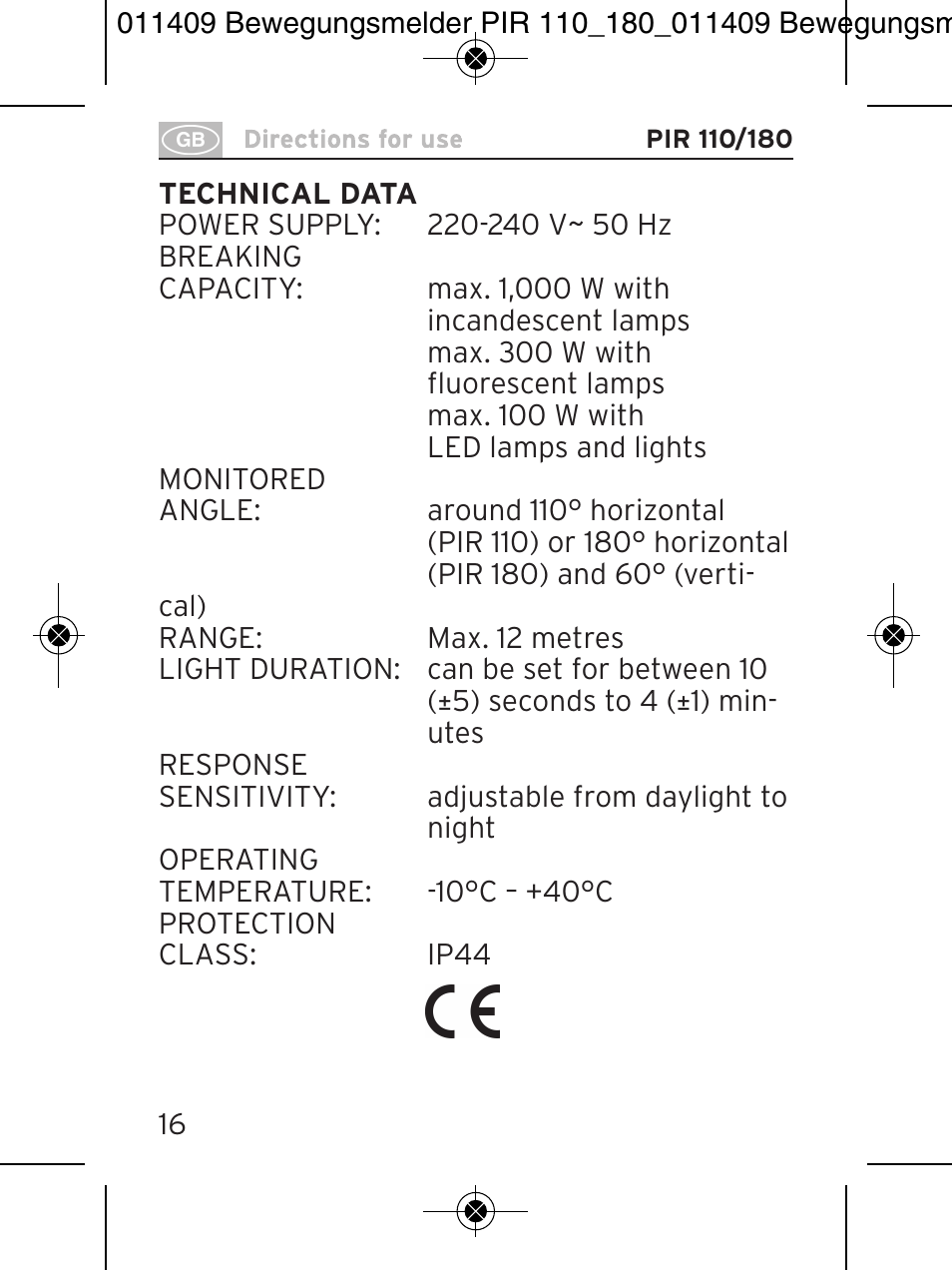 Brennenstuhl PIR Motion Detector PIR 110 IP44 White User Manual | Page 16 / 100