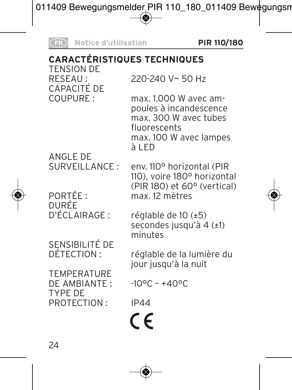 Brennenstuhl PIR Motion Detector PIR 110 IP44 White User Manual | Page 24 / 100