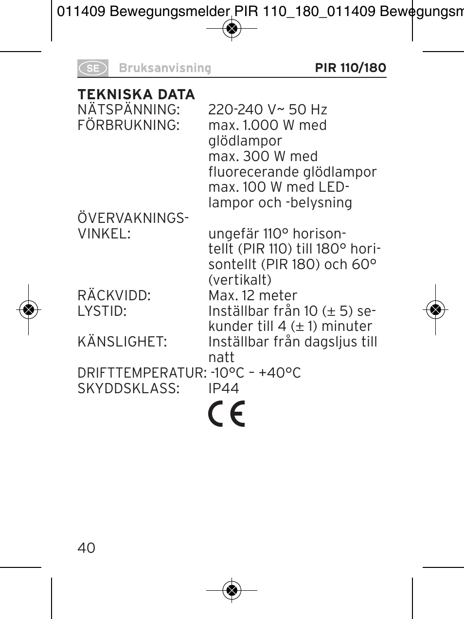 Brennenstuhl PIR Motion Detector PIR 110 IP44 White User Manual | Page 40 / 100