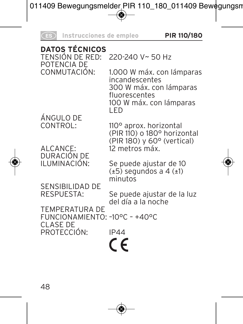 Brennenstuhl PIR Motion Detector PIR 110 IP44 White User Manual | Page 48 / 100