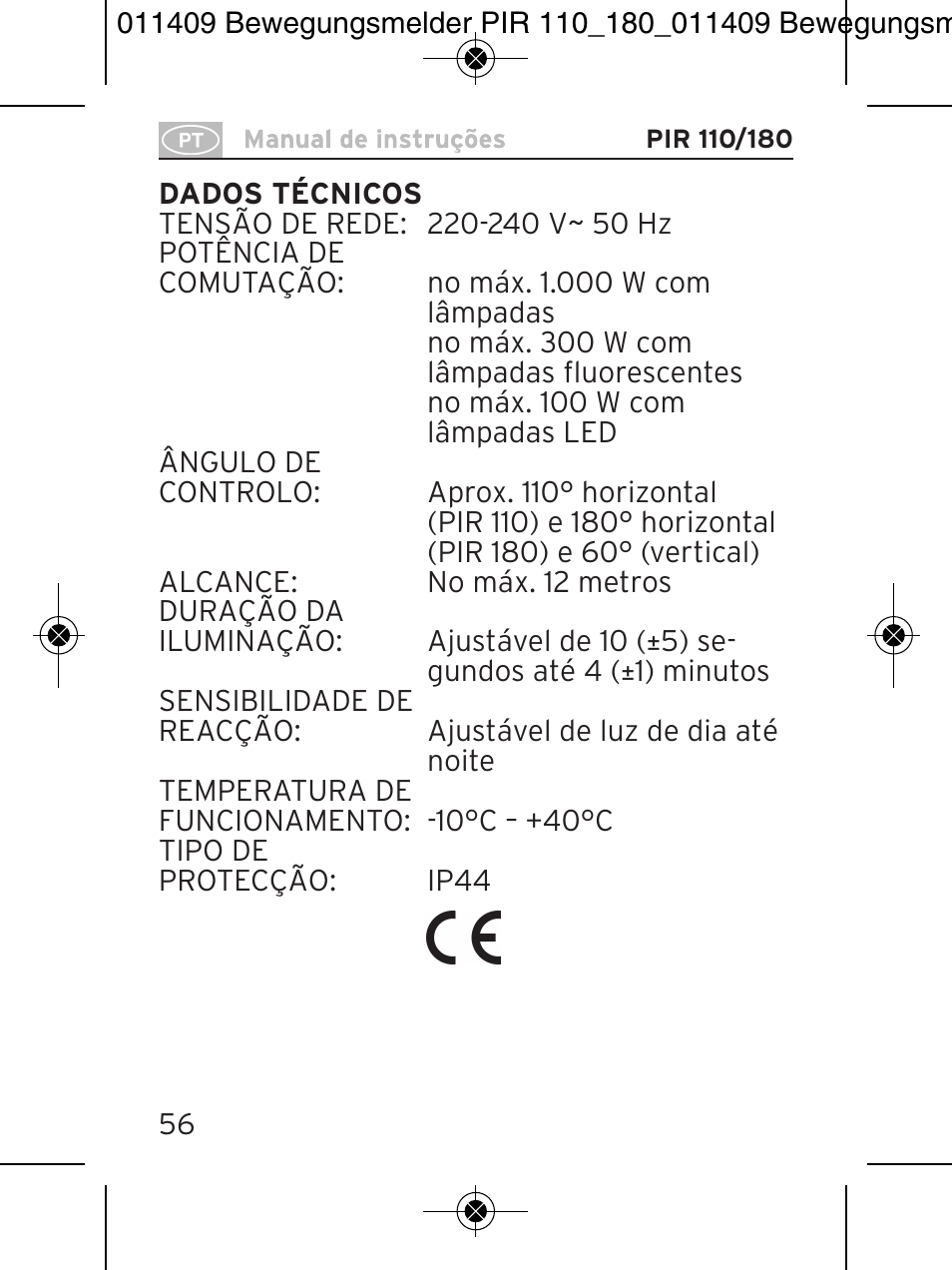 Brennenstuhl PIR Motion Detector PIR 110 IP44 White User Manual | Page 56 / 100