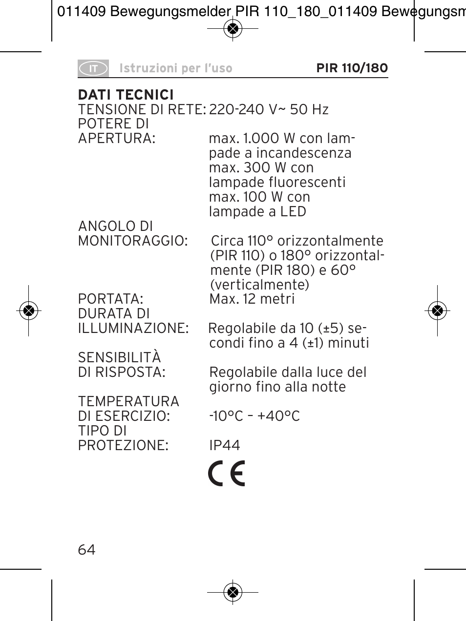 Brennenstuhl PIR Motion Detector PIR 110 IP44 White User Manual | Page 64 / 100