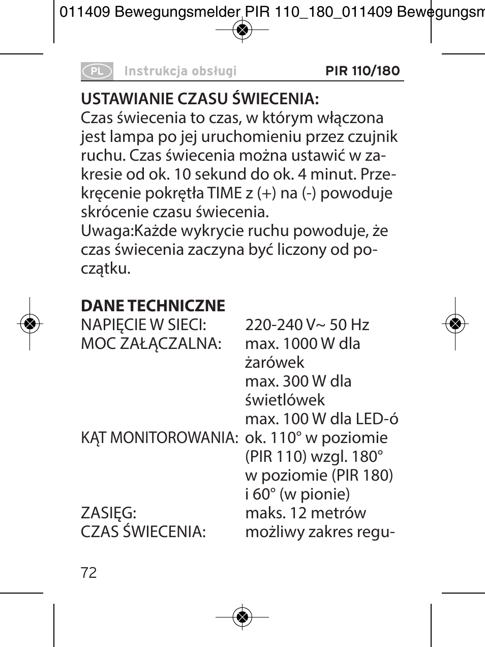 Brennenstuhl PIR Motion Detector PIR 110 IP44 White User Manual | Page 72 / 100