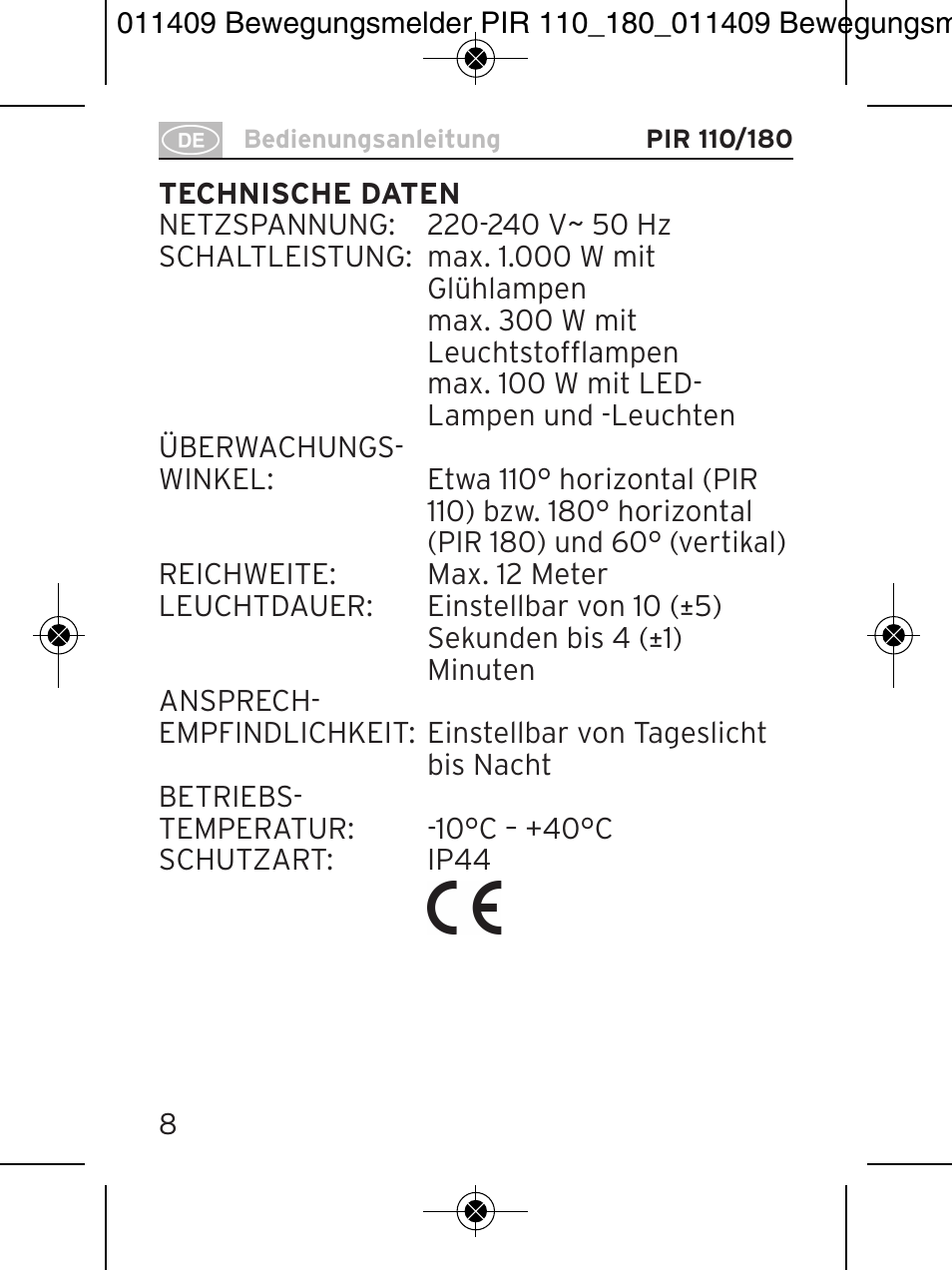 Brennenstuhl PIR Motion Detector PIR 110 IP44 White User Manual | Page 8 / 100