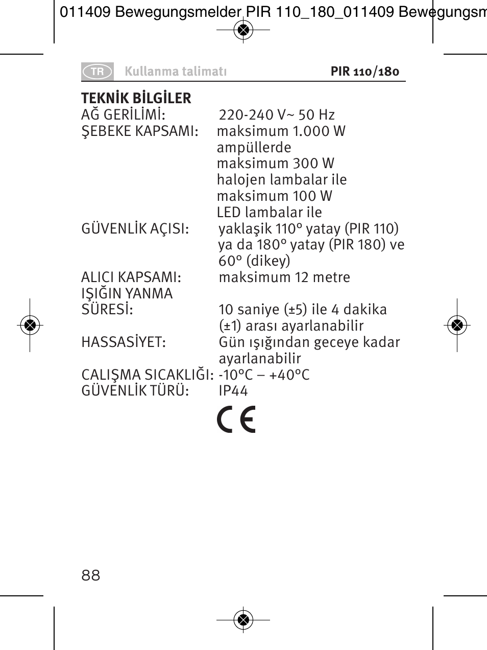 Brennenstuhl PIR Motion Detector PIR 110 IP44 White User Manual | Page 88 / 100