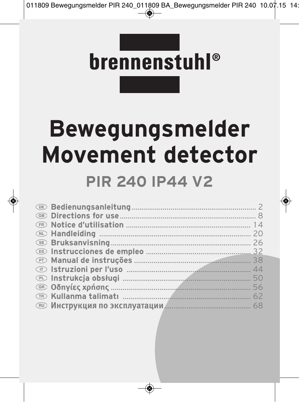 Brennenstuhl PIR Motion Detector PIR 240 IP44 White User Manual | 76 pages