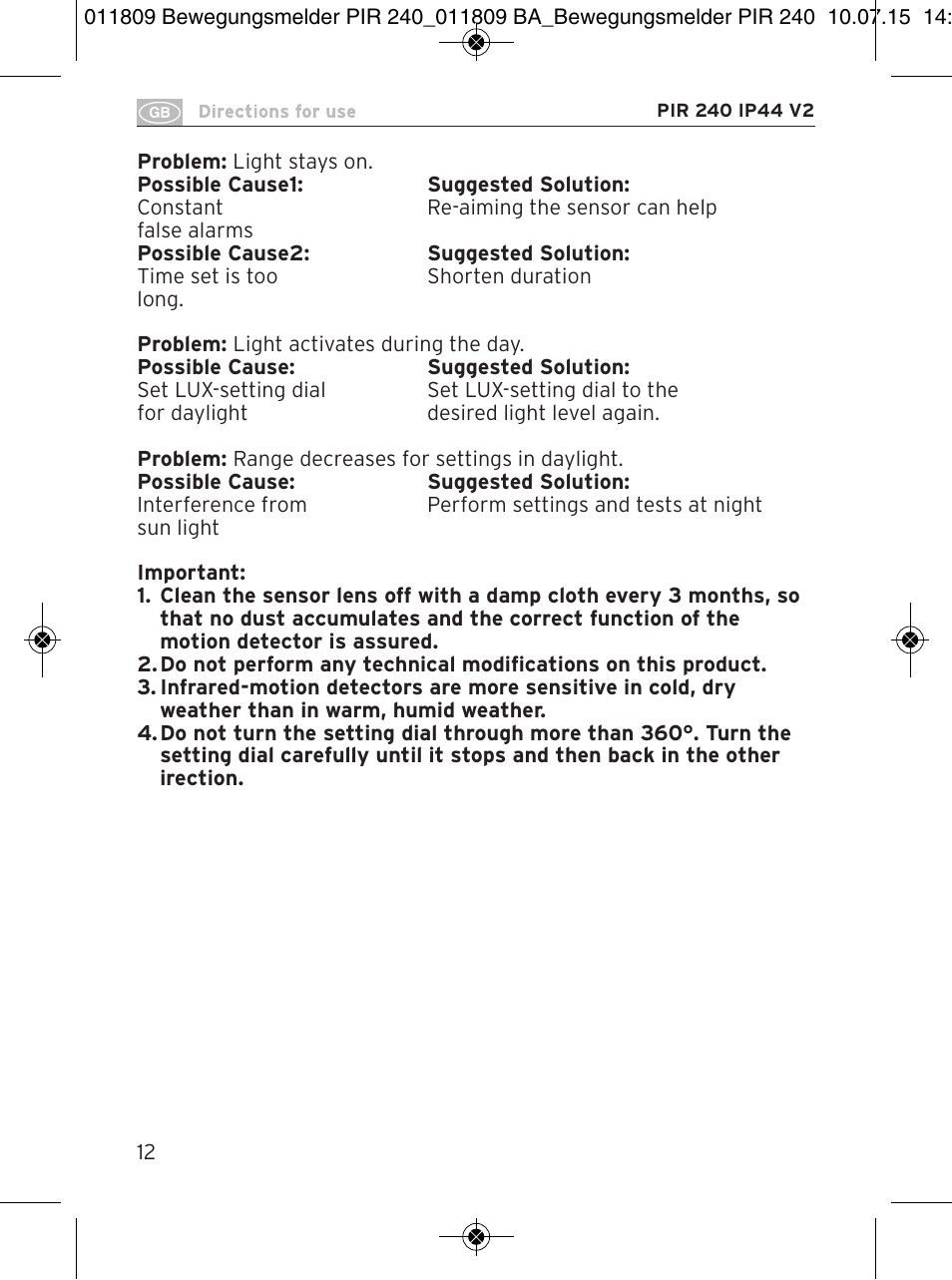 Brennenstuhl PIR Motion Detector PIR 240 IP44 White User Manual | Page 12 / 76