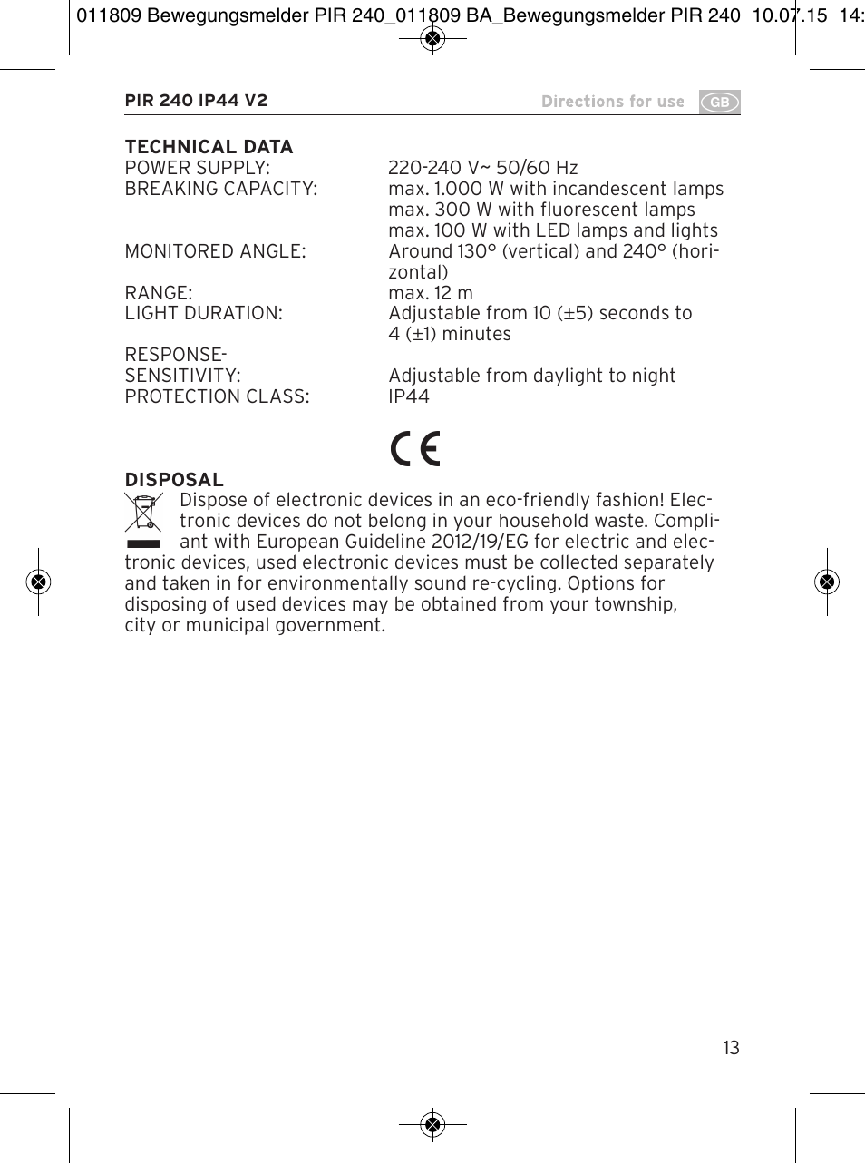 Brennenstuhl PIR Motion Detector PIR 240 IP44 White User Manual | Page 13 / 76