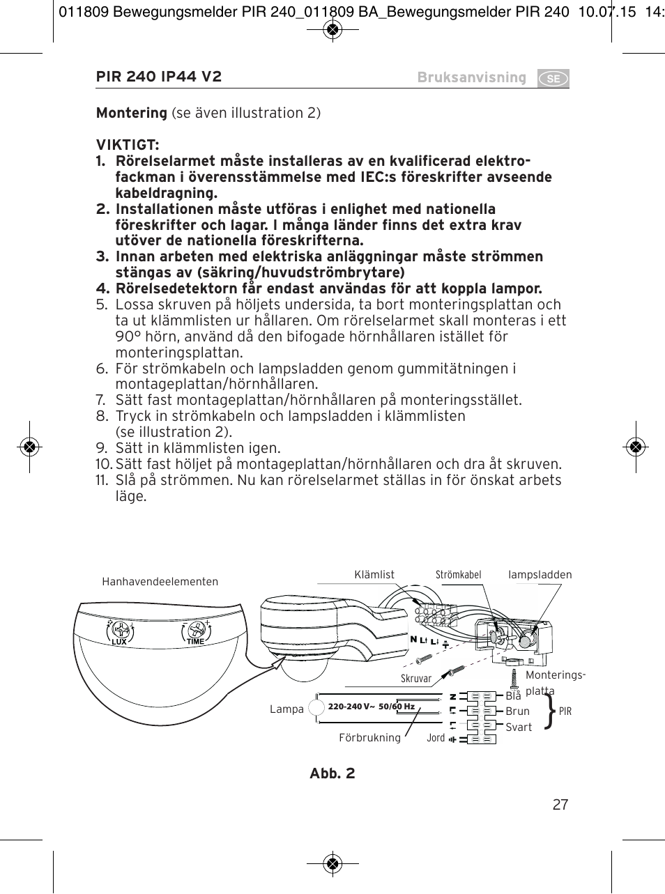 Brennenstuhl PIR Motion Detector PIR 240 IP44 White User Manual | Page 27 / 76