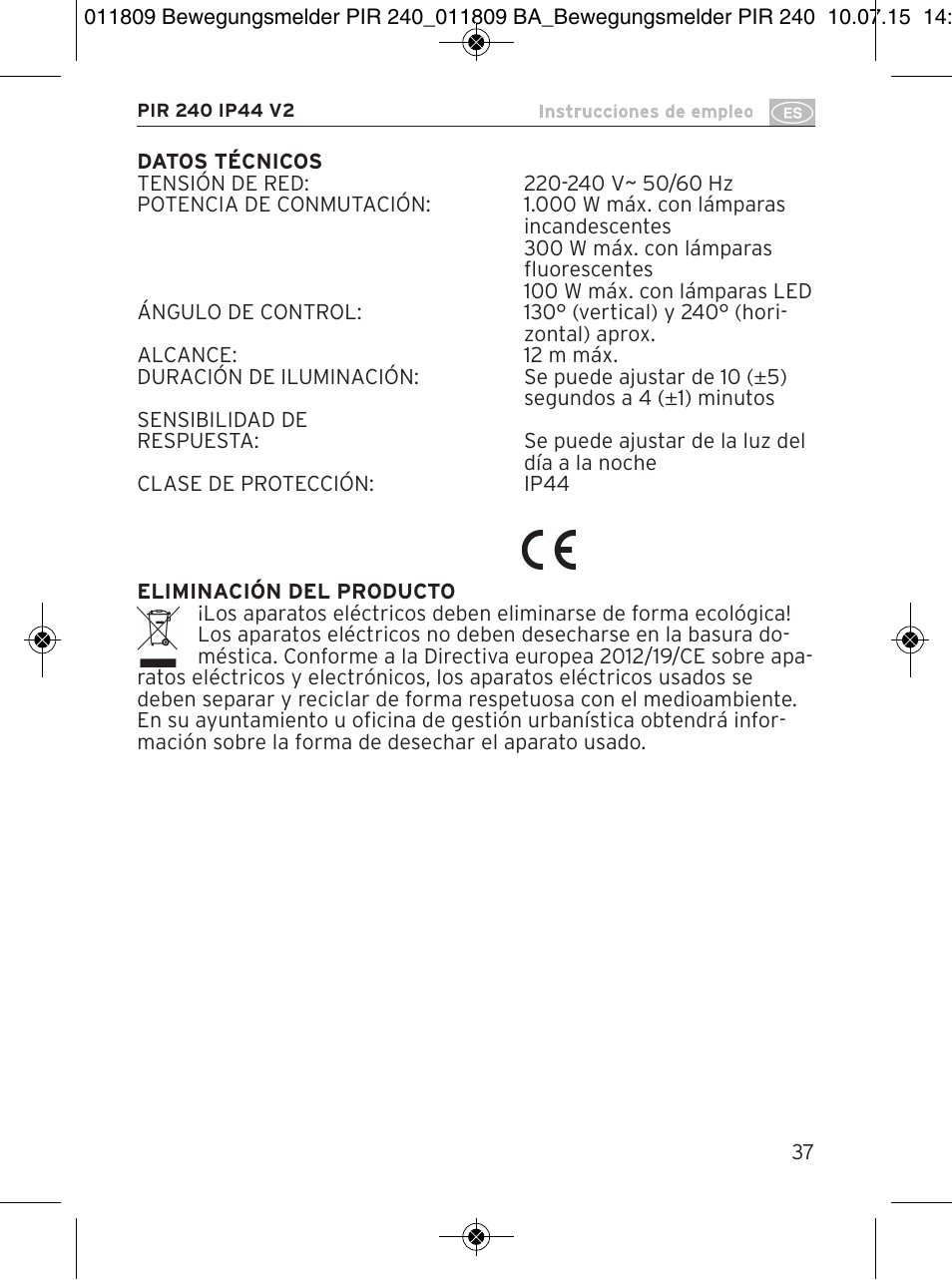 Brennenstuhl PIR Motion Detector PIR 240 IP44 White User Manual | Page 37 / 76