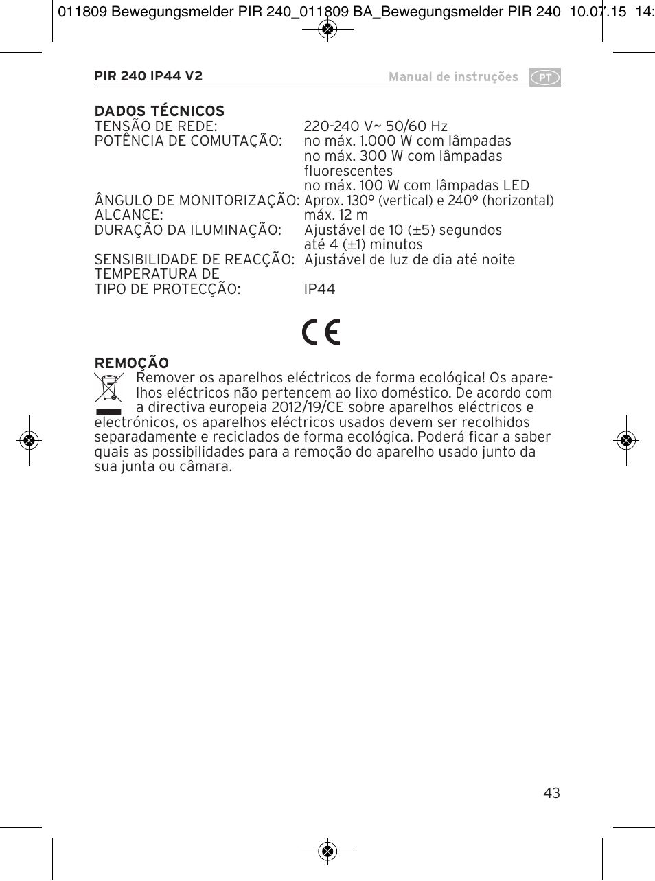 Brennenstuhl PIR Motion Detector PIR 240 IP44 White User Manual | Page 43 / 76