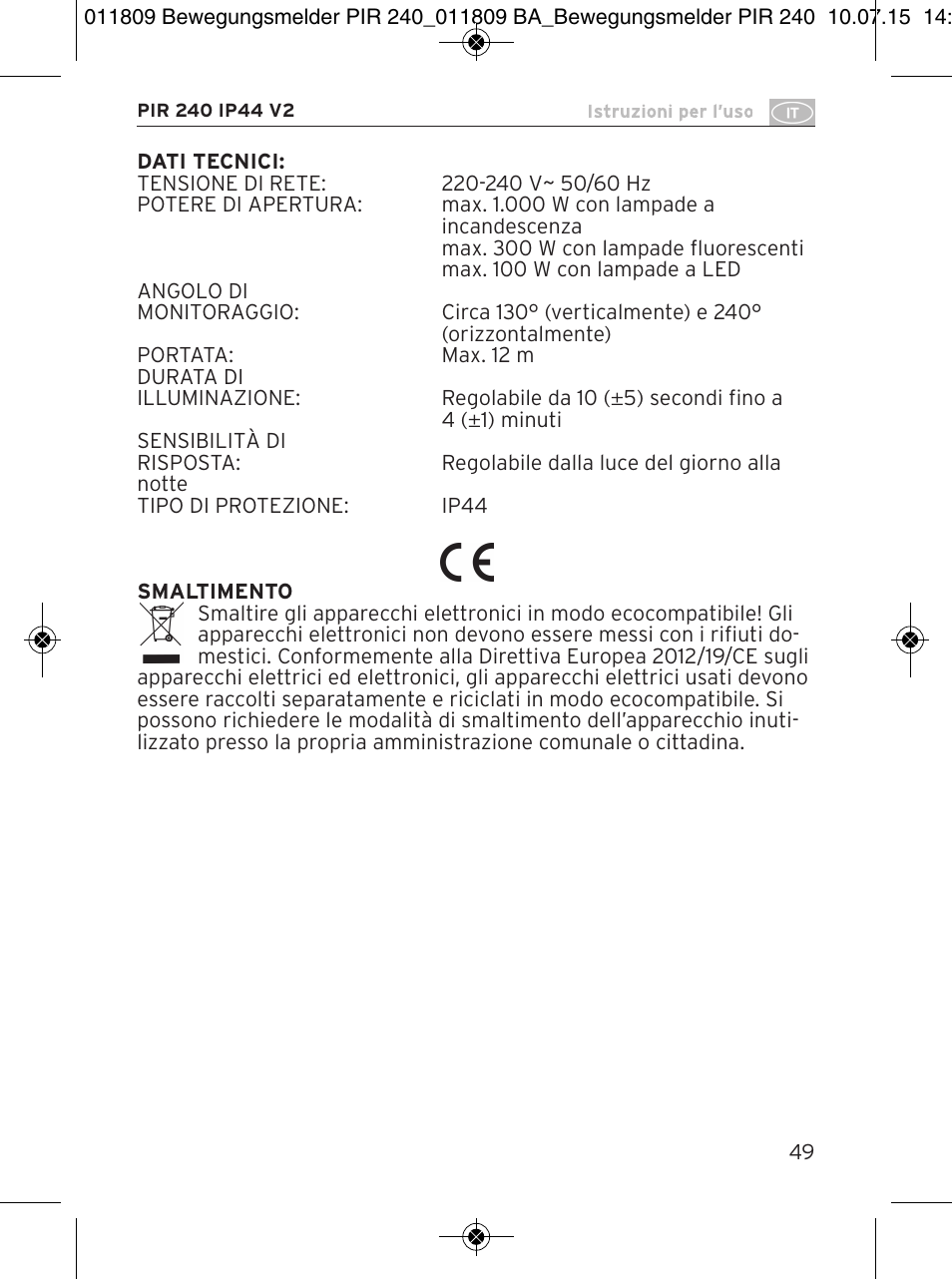 Brennenstuhl PIR Motion Detector PIR 240 IP44 White User Manual | Page 49 / 76