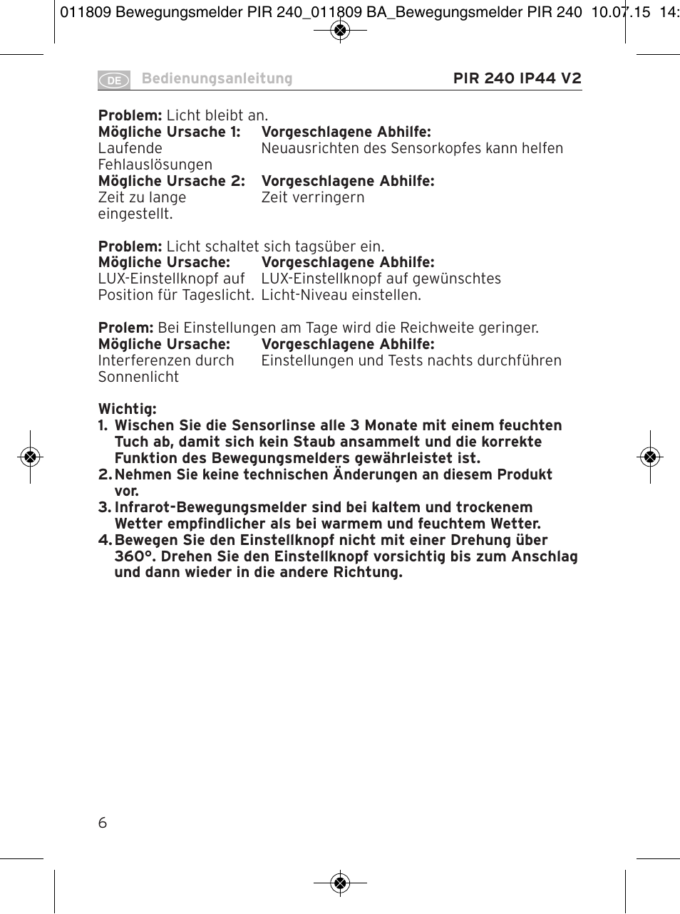Brennenstuhl PIR Motion Detector PIR 240 IP44 White User Manual | Page 6 / 76