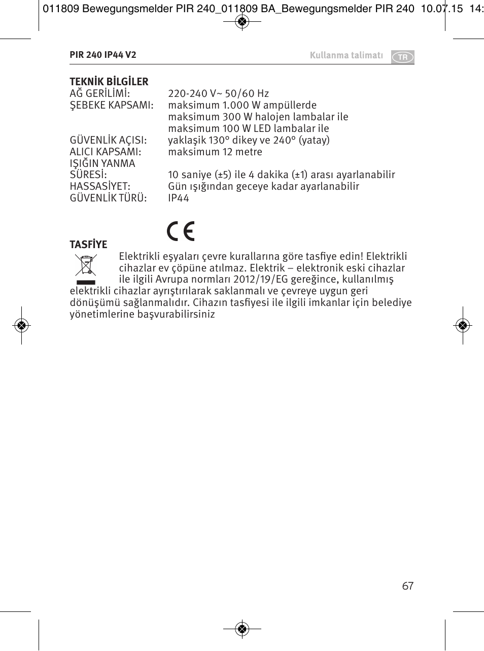 Brennenstuhl PIR Motion Detector PIR 240 IP44 White User Manual | Page 67 / 76