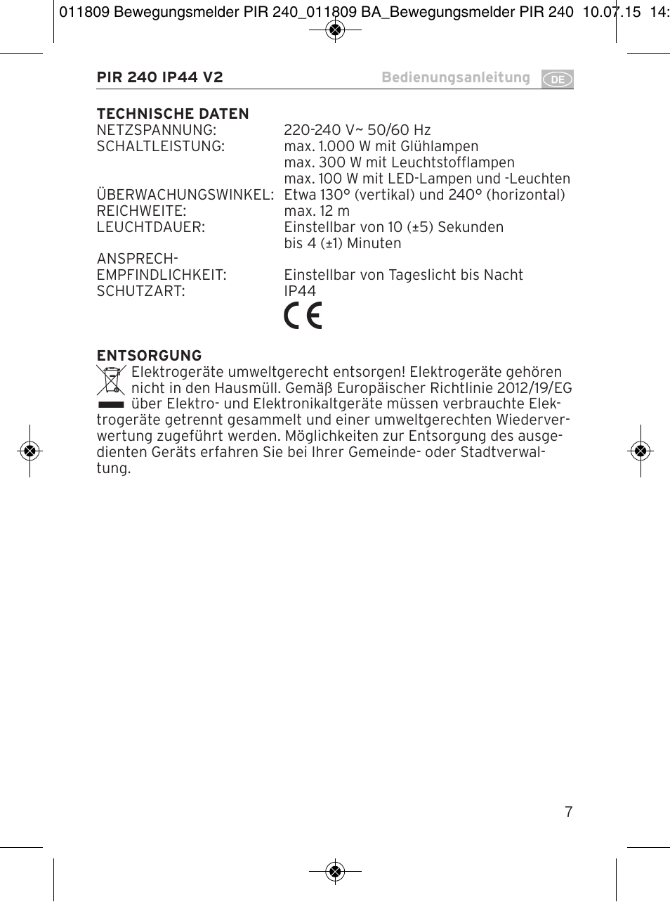 Brennenstuhl PIR Motion Detector PIR 240 IP44 White User Manual | Page 7 / 76