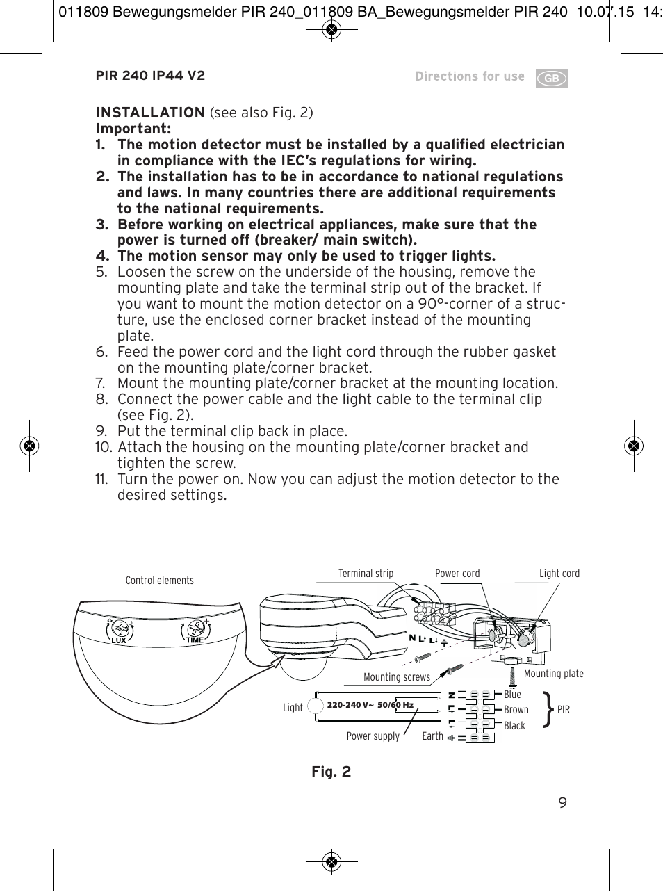 Brennenstuhl PIR Motion Detector PIR 240 IP44 White User Manual | Page 9 / 76
