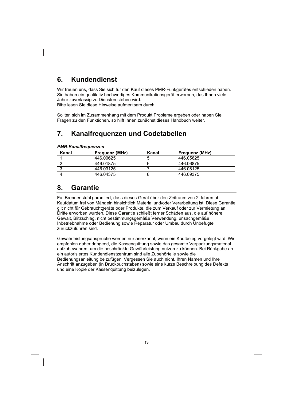 Kundendienst, Kanalfrequenzen und codetabellen, Garantie | Brennenstuhl PMR Walkie Talkie TRX 3000 User Manual | Page 13 / 92